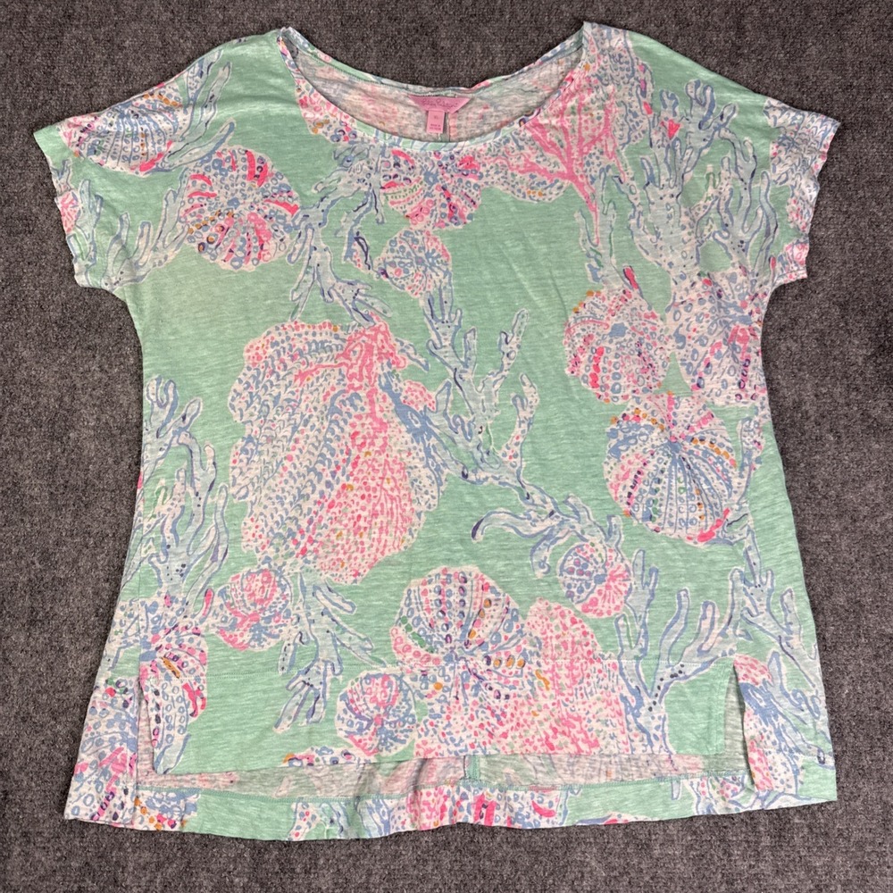 Lilly Pulitzer Minty Fresh Fan Sea 100% Linen Short Sleeve Mikela Top Shirt XL
